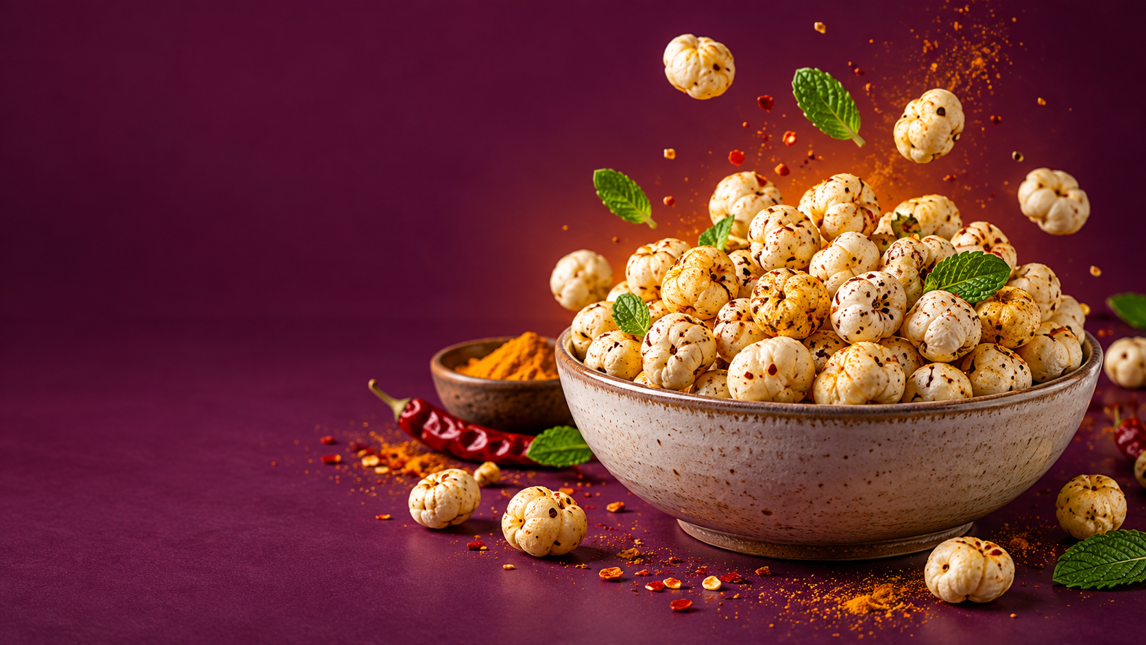A bowl of seasoned roasted makhana with spices and mint